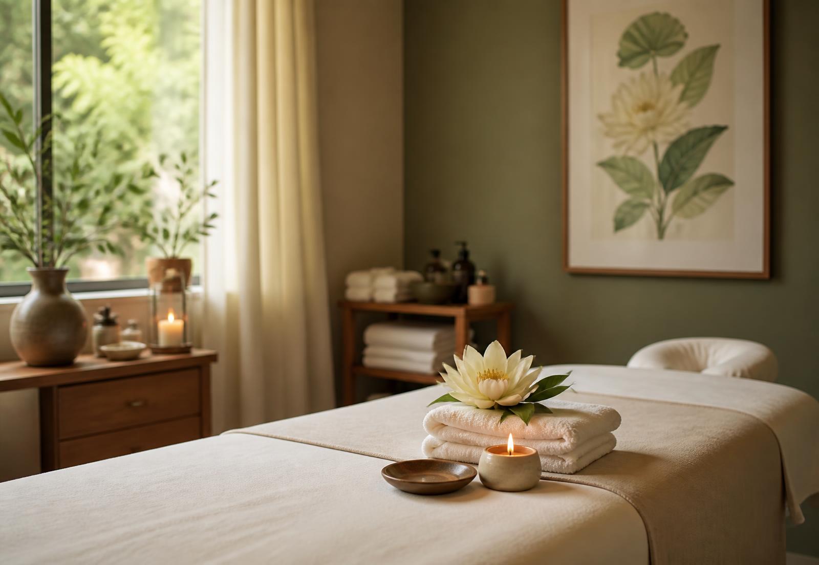 Calm treatment room with folded towels, a lotus flower and a lit candle